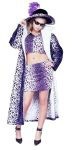 Pimpette costume includes purple leopard printed coat and hat.